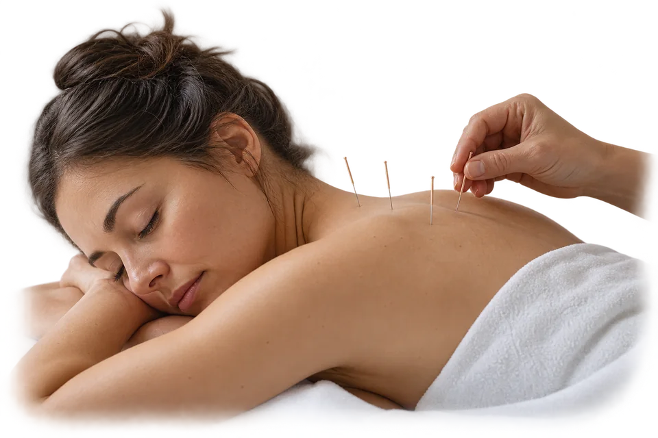 Illustration of fine acupuncture needles being placed in the upper back.