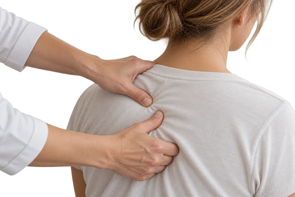 Illustration of Bowen technique with the therapist's hands on the upper back through a shirt.