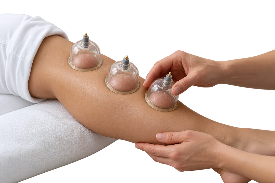 Illustration of a cupping treatment with three transparent cups on a thigh.