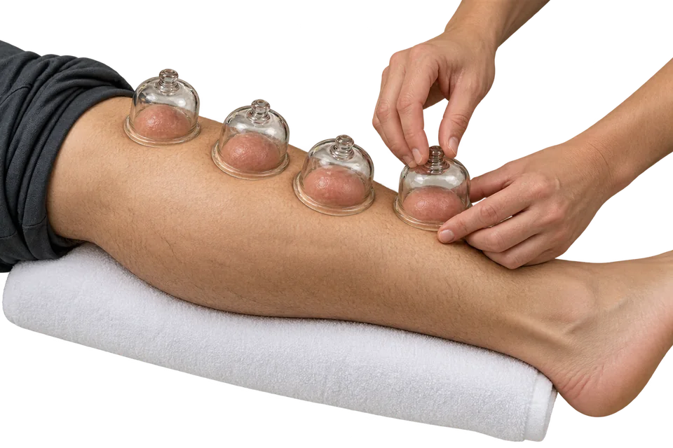 Illustration of transparent cupping cups being placed on the outer thigh.