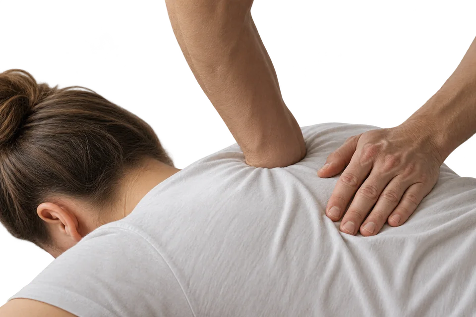 Illustration of a therapist applying forearm pressure to the upper back during deep tissue massage.