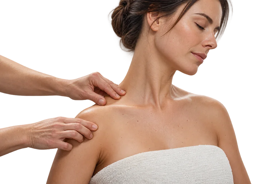 Illustration of Emmett technique with light finger pressure near the shoulder and collarbone.