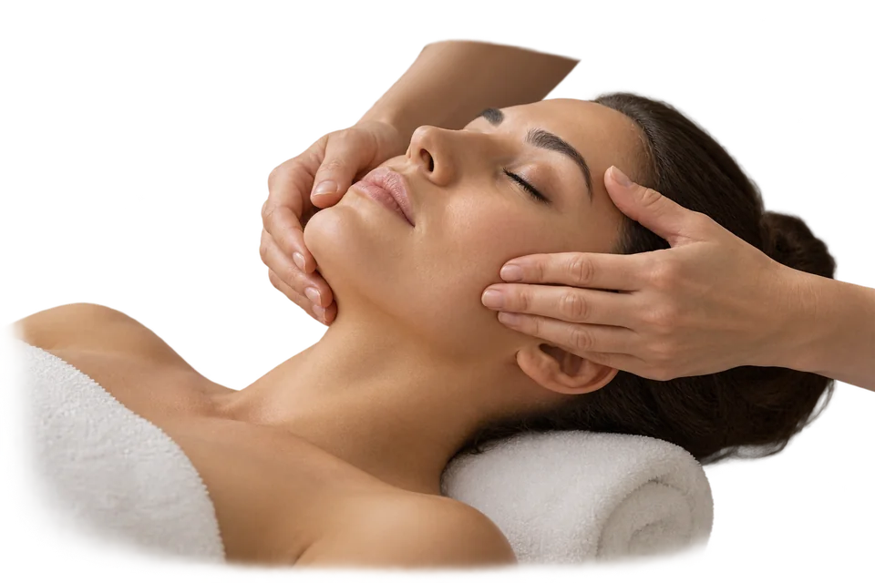 Illustration of face massage with hands beside the cheeks and temples.
