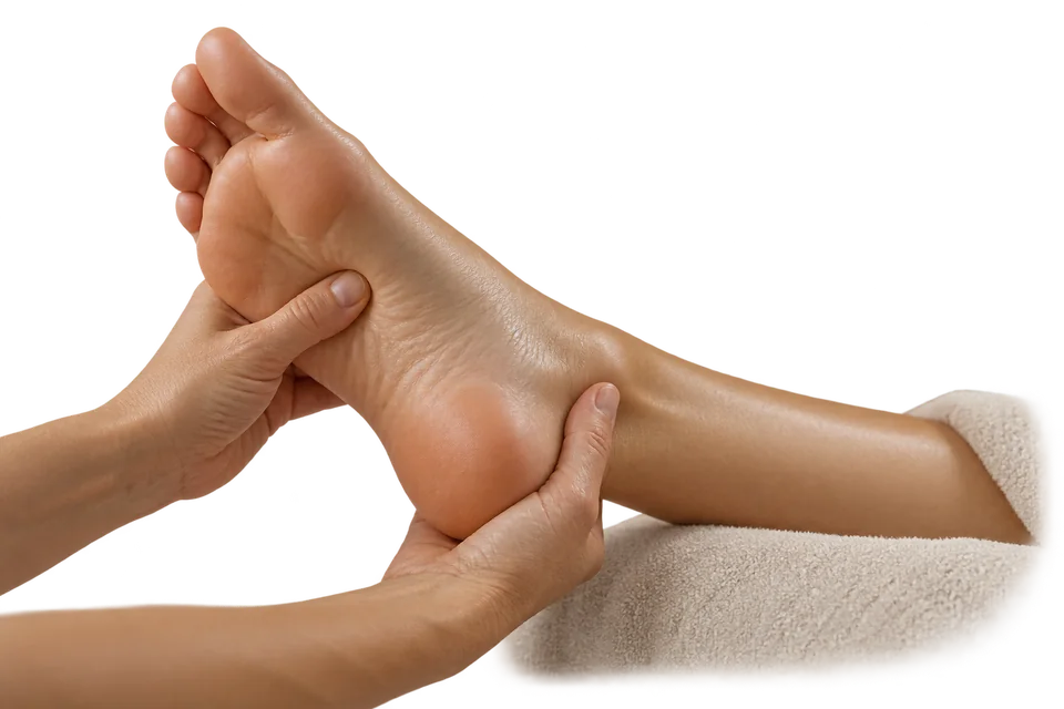 Illustration of hands massaging the sole and heel of a foot.