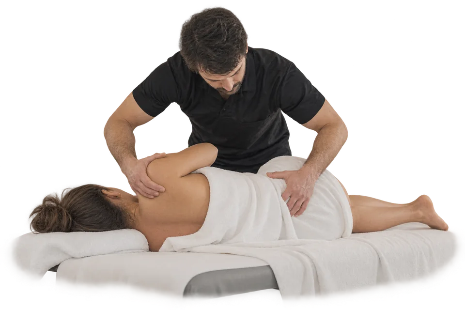 Illustration of positioning for a manual back treatment with the guest lying on their side.