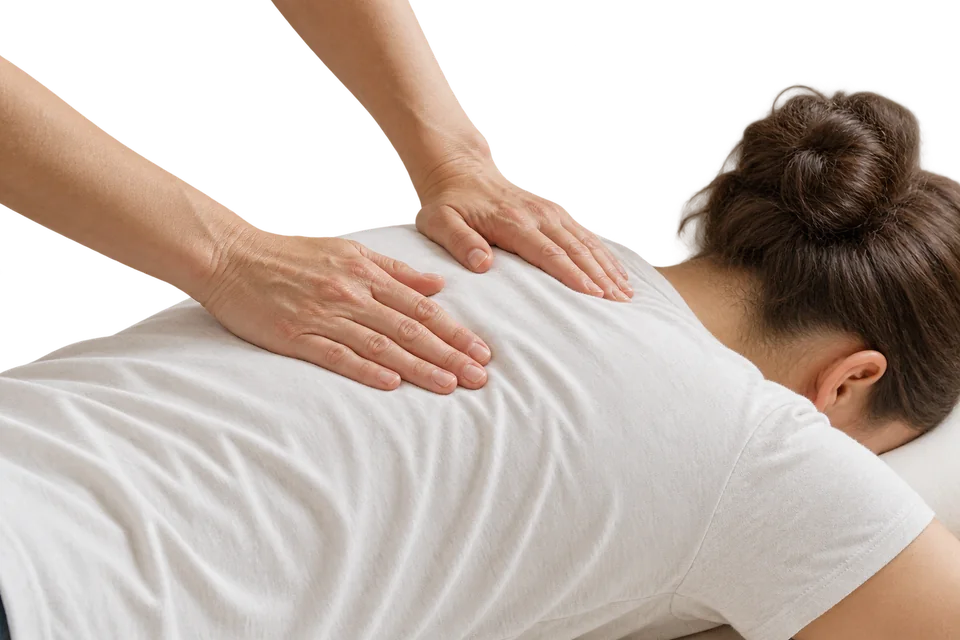 Illustration of a relaxing massage with palms on the upper back.